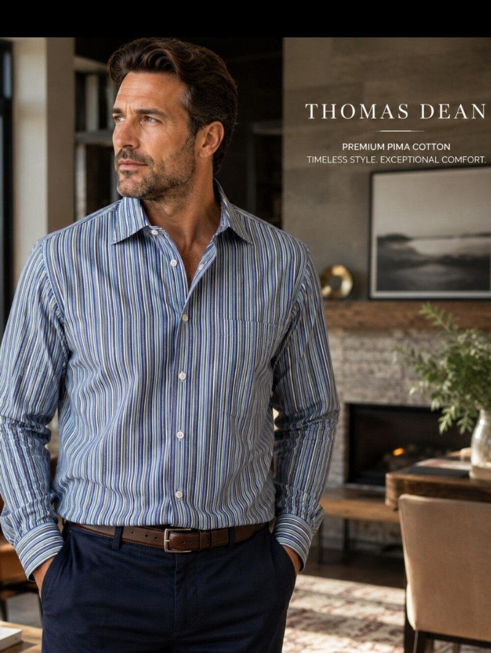 Thomas Dean Pima Cotton Stripe Button Down Shirt Men's XXL Blue Business Casual